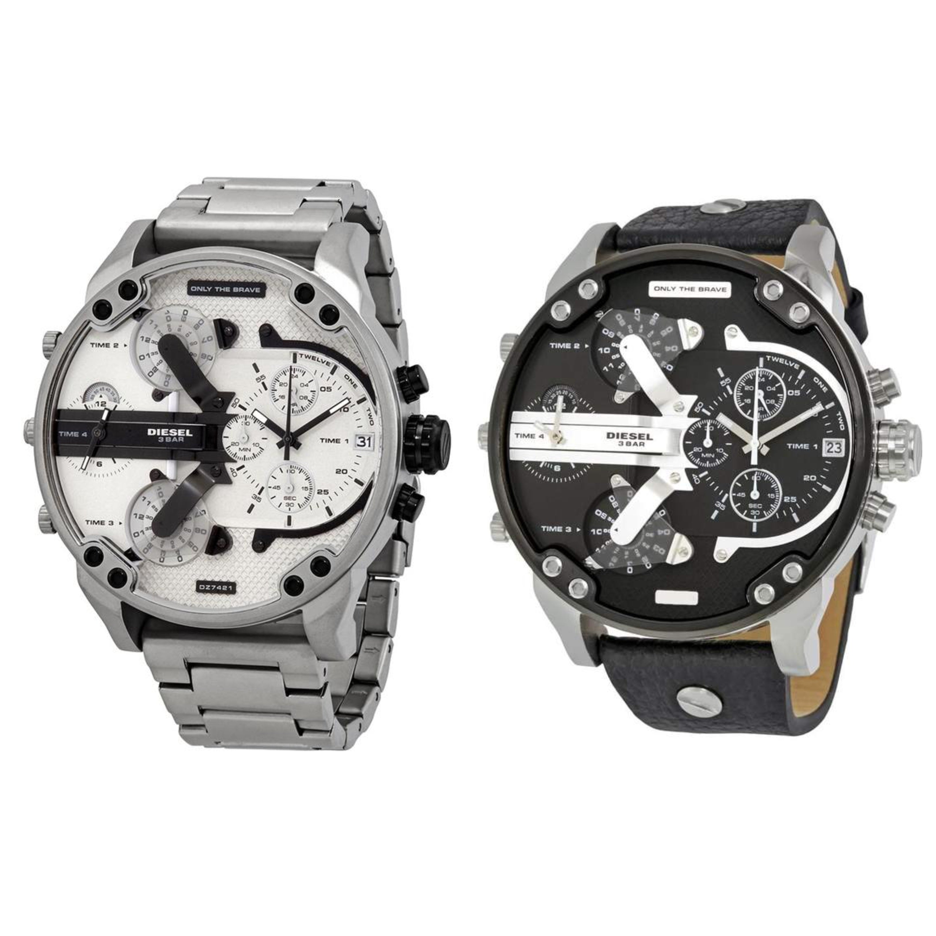 2 x Diesel Big Daddy Silver Combo Pack with silver stainless steel and black leather strap chronograph watches