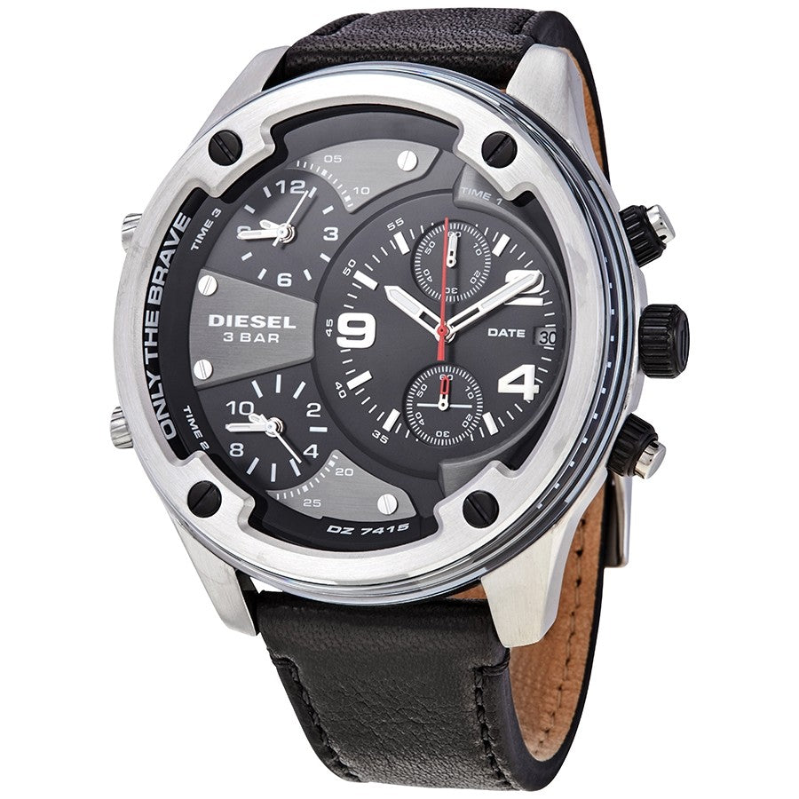 Diesel Boltdown DZ7415 men's chronograph watch with black leather strap and gray dial