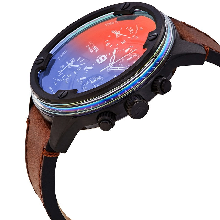 Side angled view of Boltdown chronograph watch showing case profile and leather strap