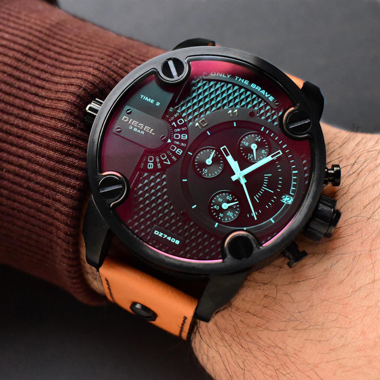 Diesel Daddy DZ7408 watch worn on wrist with brown leather strap