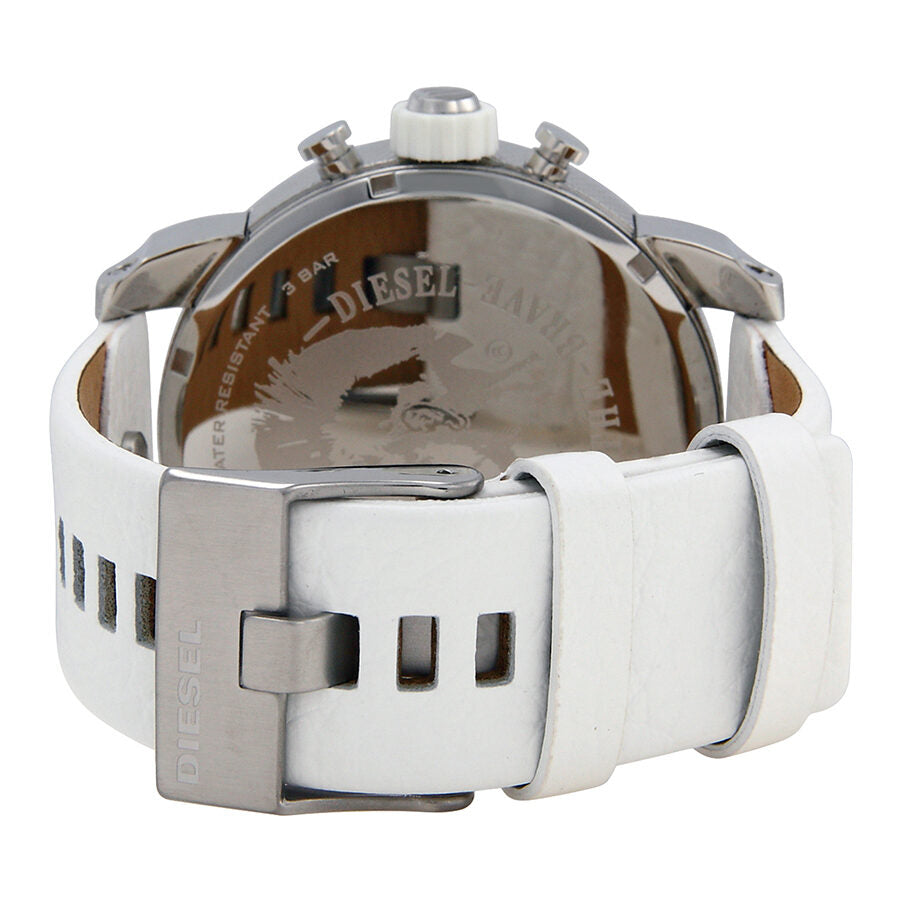 Caseback of Diesel DZ7265 chronograph watch with visible movement and brown leather interior