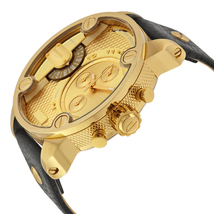 Side angle view of Diesel DZ7363 watch showing gold case, champagne dial, and black leather band