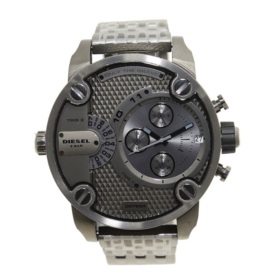 Diesel Little Daddy DZ7263 chronograph watch angled view showing dial and steel strap