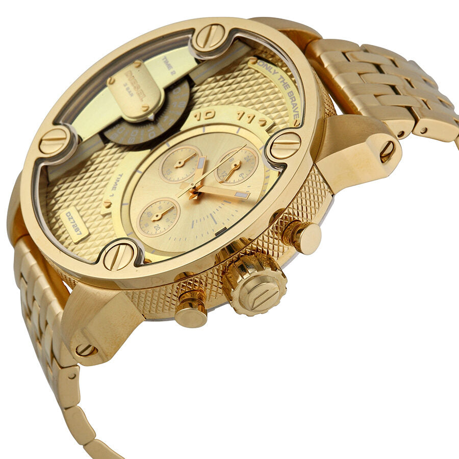 Side angle view of Diesel Little Daddy watch showing flipping case cover and chronograph subdials