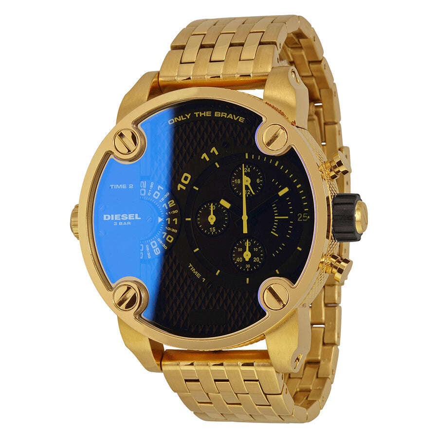 Gold-tone Diesel Little Daddy chronograph watch with iridescent blue and black dual time dial