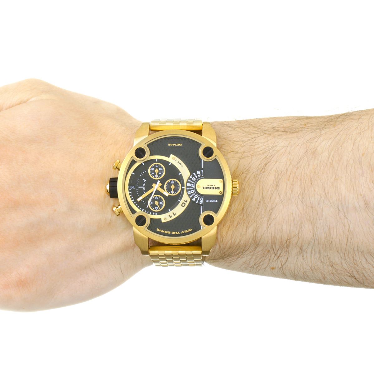 Diesel Little Daddy watch worn on wrist, displaying black dial with gold chronograph subdials