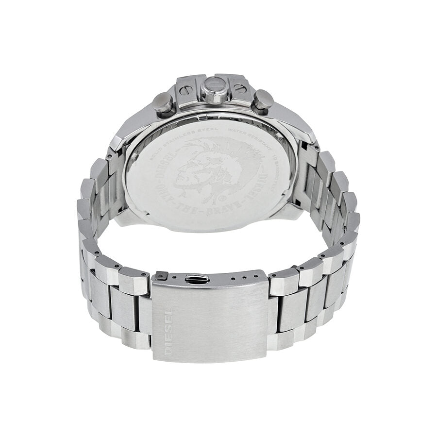 Diesel Mega Chief watch caseback showing silver stainless steel back plate and metal bracelet