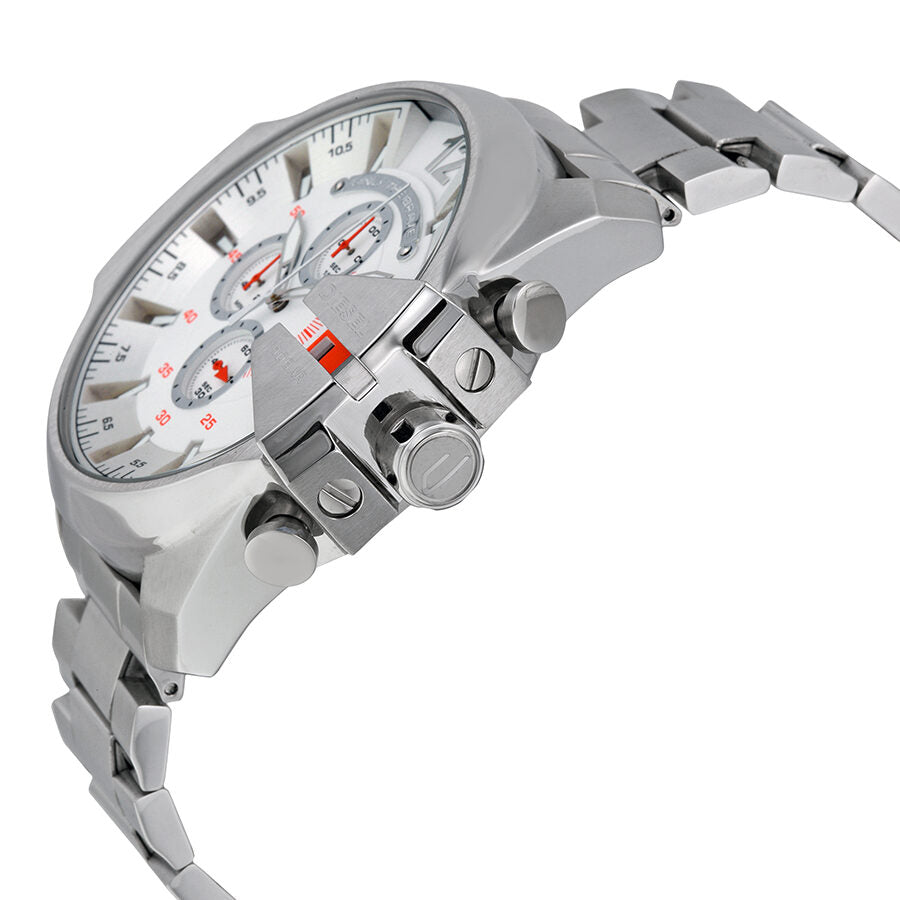 Diesel Mega Chief chronograph watch shown at angle displaying side profile with white dial and silver bracelet