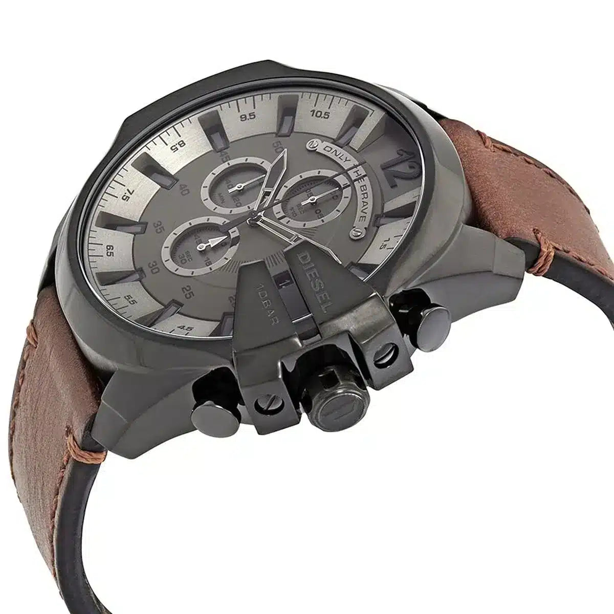 Diesel Mega Chief chronograph with gray dial and chronograph subdials visible from side angle