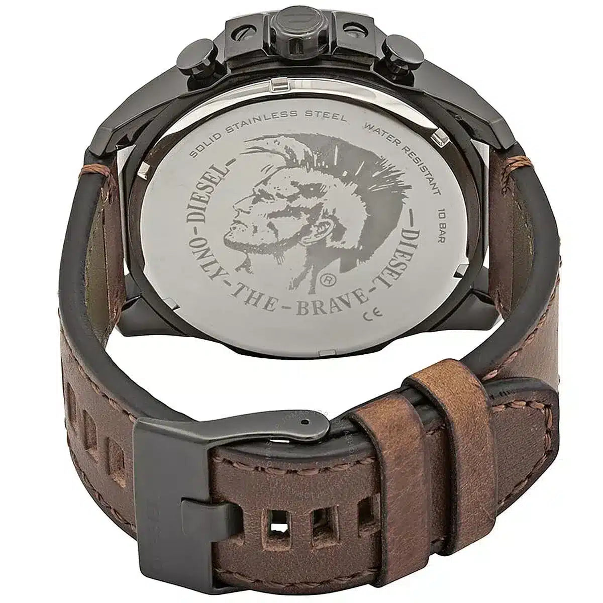 Diesel Mega Chief caseback showing stainless steel and Only the Brave engraving
