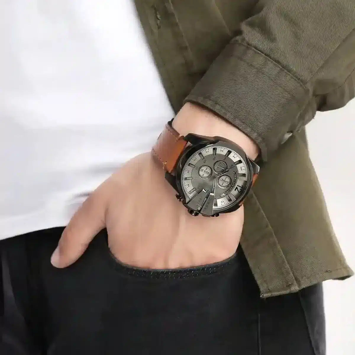 Diesel Mega Chief watch on wrist showing gray dial and brown leather strap styling