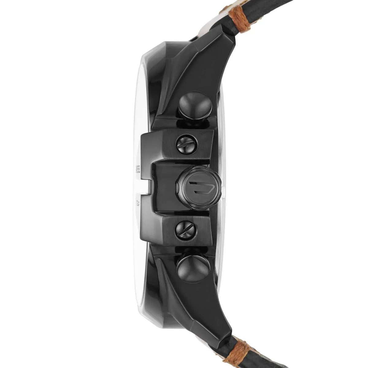 Diesel Mega Chief watch side view showing chronograph pushers and brown leather strap
