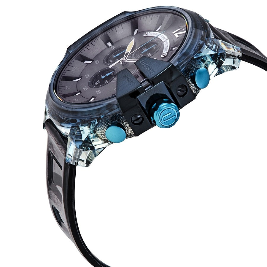 Diesel Mega Chief DZ4487 watch from angle showing blue case and black strap