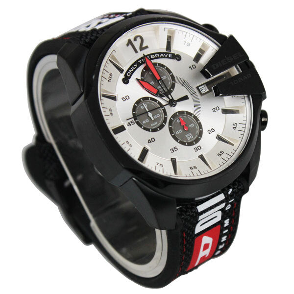 Angled view of Diesel Mega Chief chronograph watch case and strap detail
