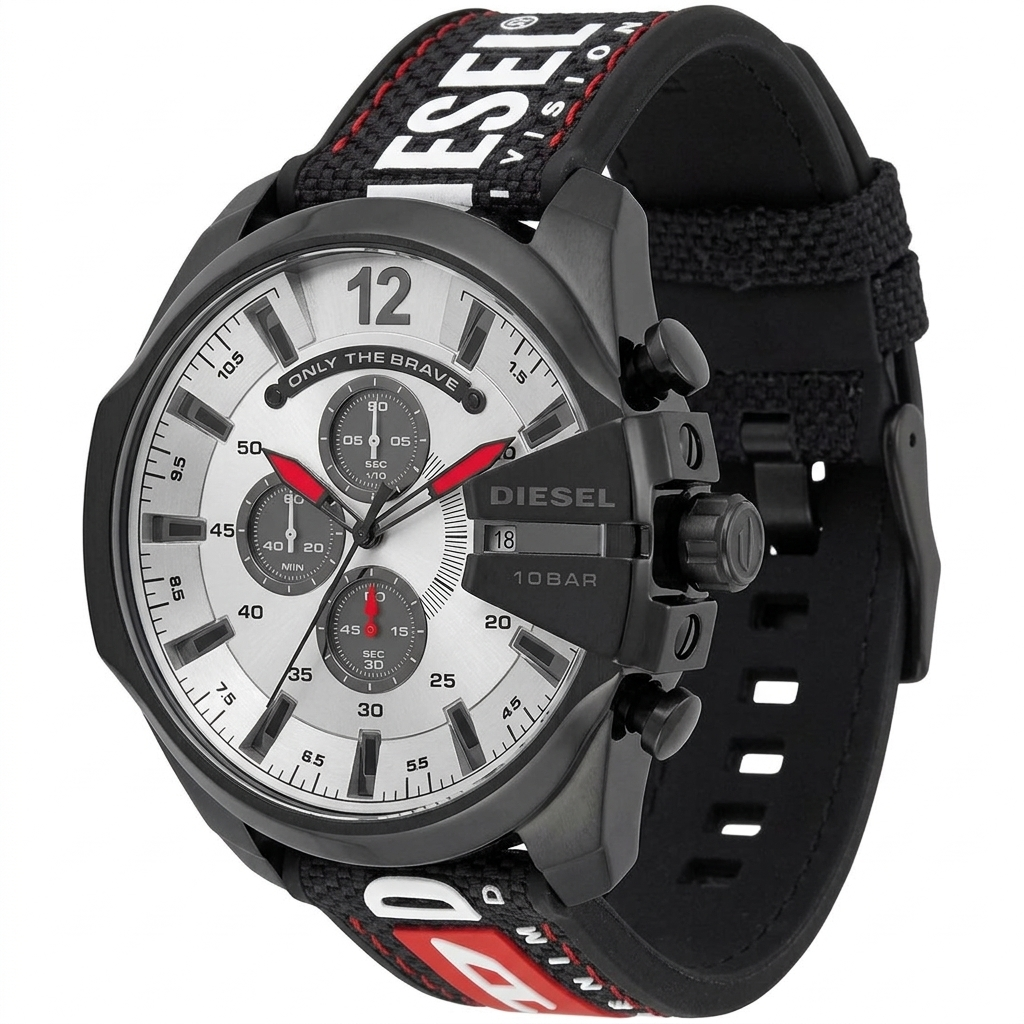 Three-quarter view of Diesel Mega Chief chronograph showing dial and textile strap