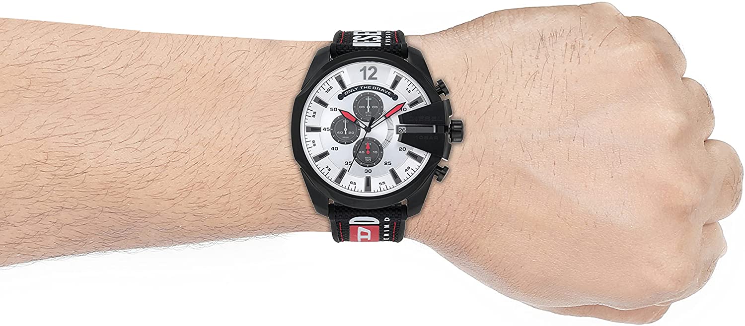Diesel Mega Chief chronograph watch worn on wrist showing silver dial and black strap