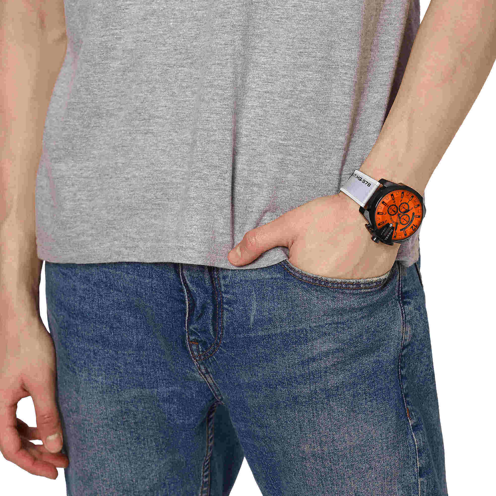 Diesel Mega Chief DZ4535 on wrist showing bold orange dial and black case