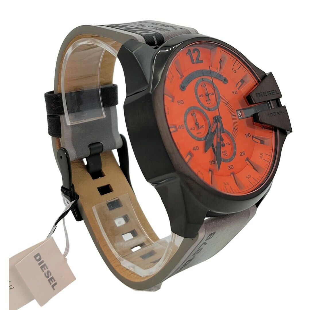 Diesel Mega Chief DZ4535 angled view with orange dial and tan leather strap detail