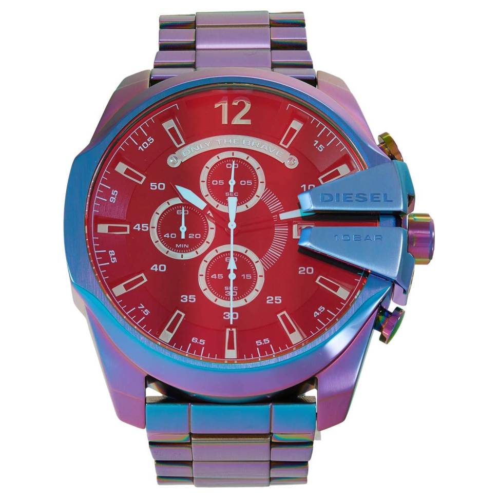Three-quarter view of Diesel Mega Chief Rainbow watch showing iridescent case detail and red chronograph subdials
