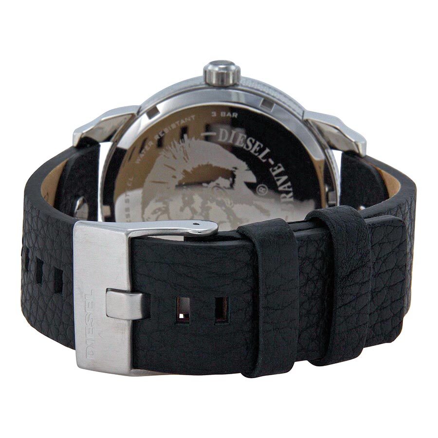 Angled view of Diesel Mini Daddy watch with black leather strap and steel buckle