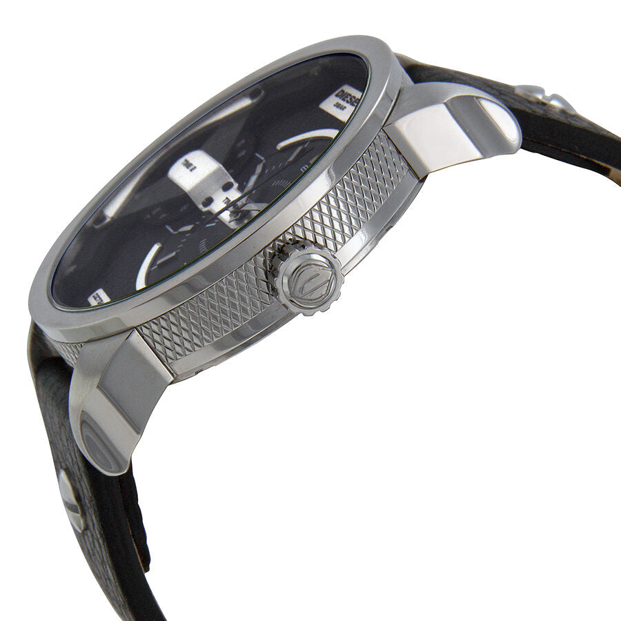 Side view of Diesel Mini Daddy watch showing stainless steel case and black leather strap