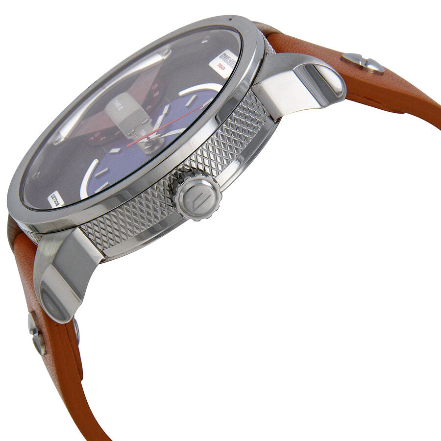 Side angle view of Diesel Mini Daddy DZ7308 showing stainless steel case and tan leather band