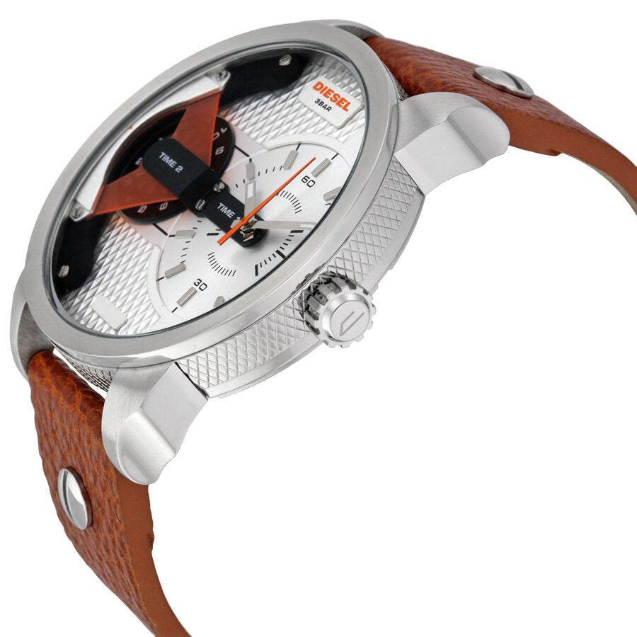 Diesel Mini Daddy angled view showing brown leather strap, silver dial, and silver stainless steel case