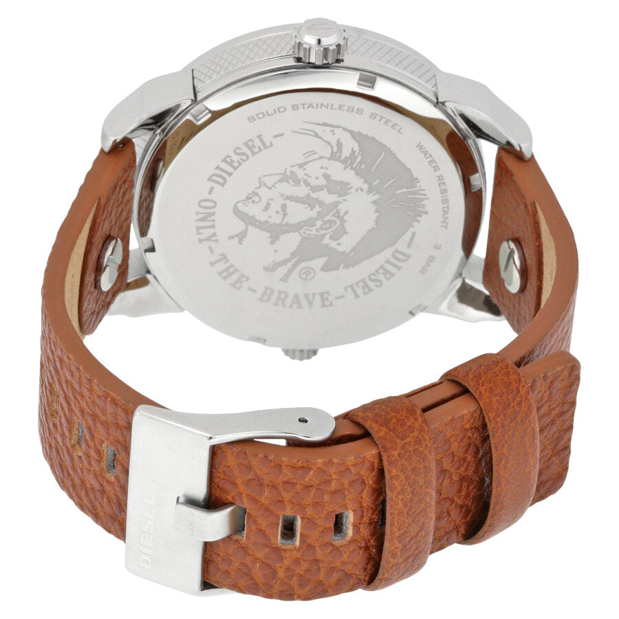 Diesel Mini Daddy caseback with engraved logo, solid stainless steel and brown leather strap visible
