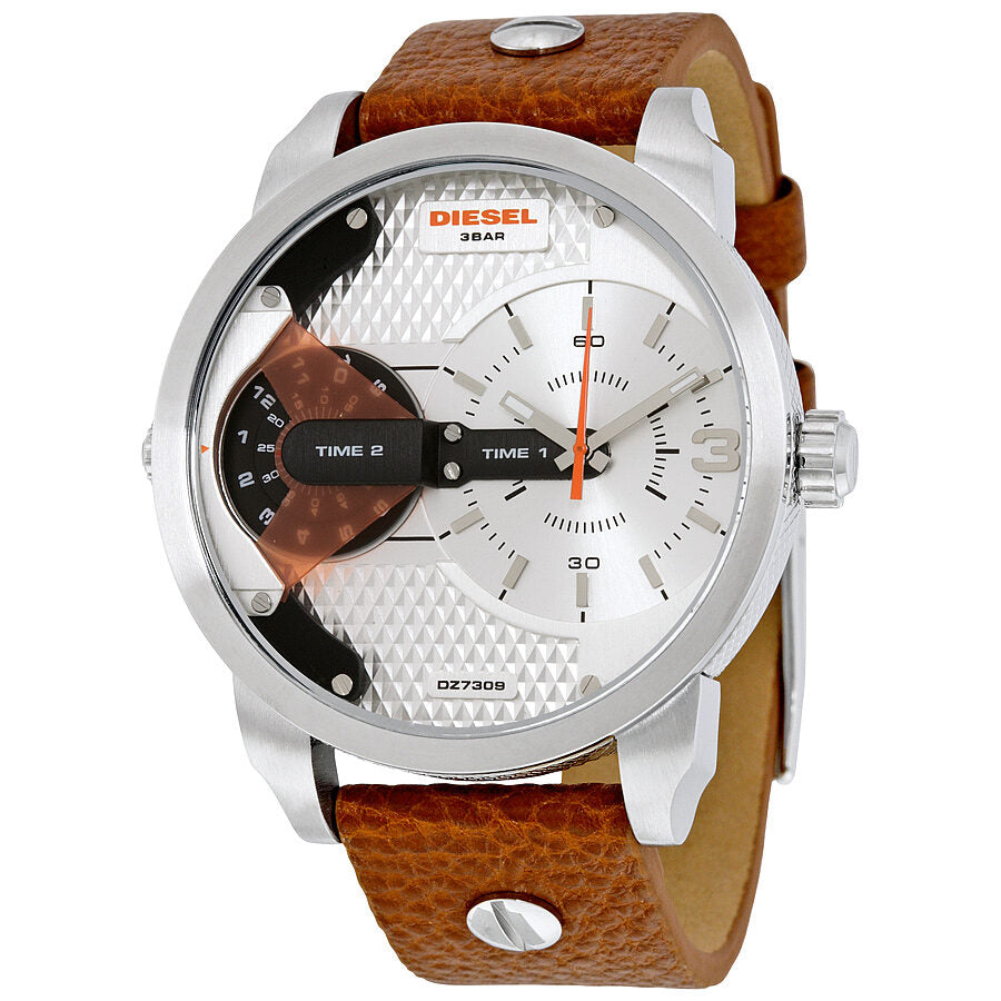 Diesel Mini Daddy watch with silver dial, brown leather strap, dual time zone display and stainless steel case