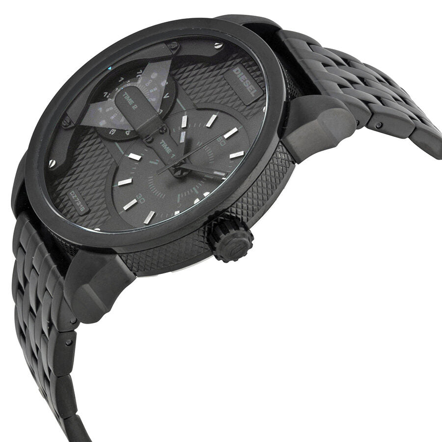 Diesel Mini Daddy black watch shown at angle with stainless steel bracelet visible
