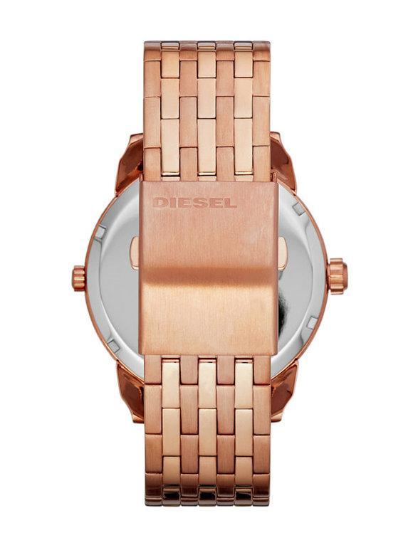 Back view of Diesel Mini Daddy DZ7318 with rose gold case back and steel bracelet