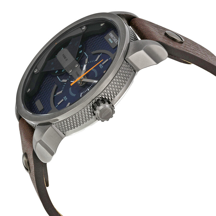 Diesel Mini Daddy watch worn on wrist, showing stainless steel case and brown leather strap