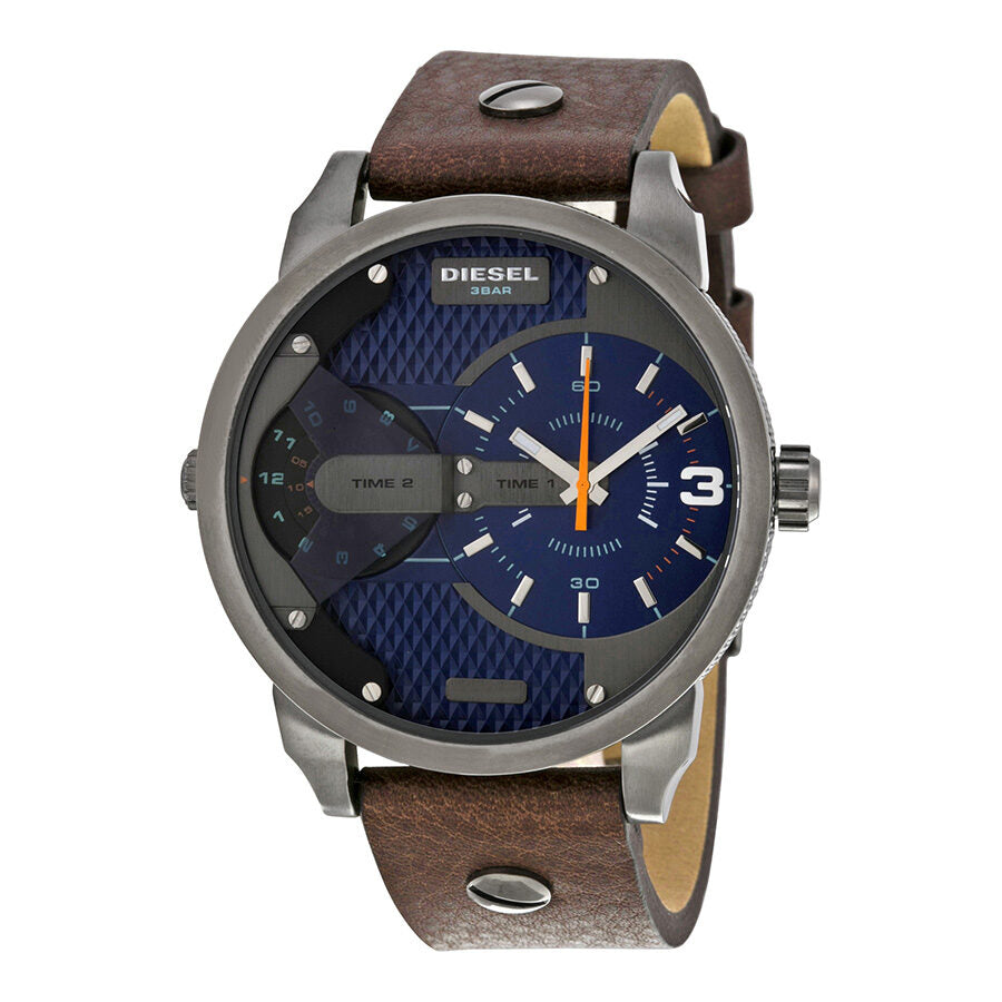 Diesel Mini Daddy men's watch with blue textured dial, dual time display, and brown leather strap