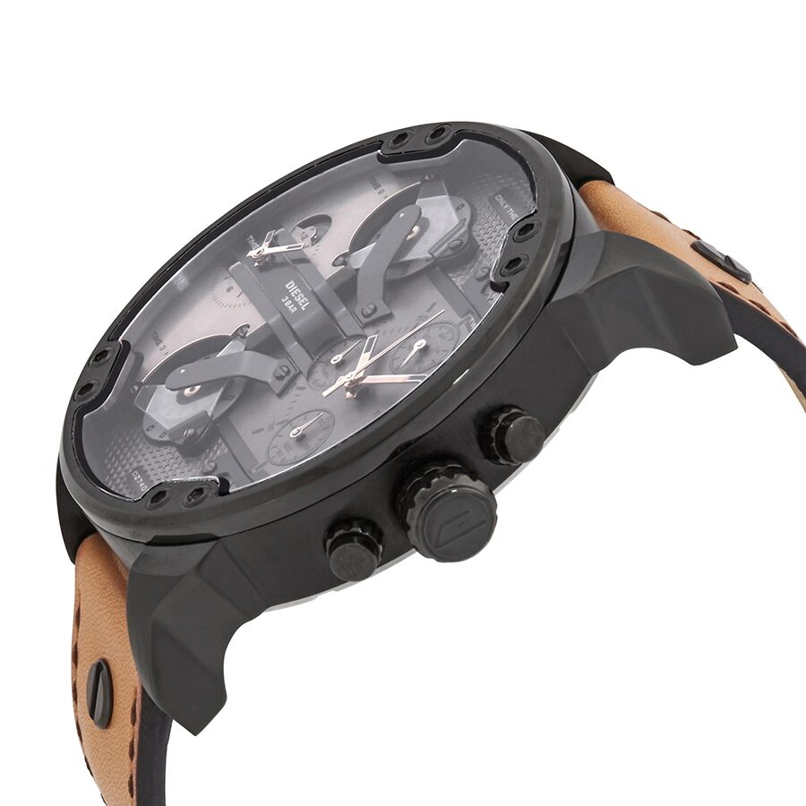 Side angle view of Diesel Mr. Daddy 2.0 watch showing black case, chronograph subdials, and tan leather strap