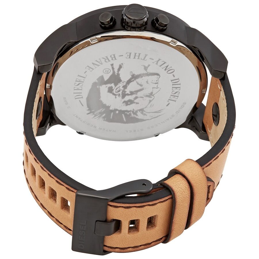 Caseback of Diesel Mr. Daddy 2.0 watch showing engraved logo and tan leather strap with black hardware