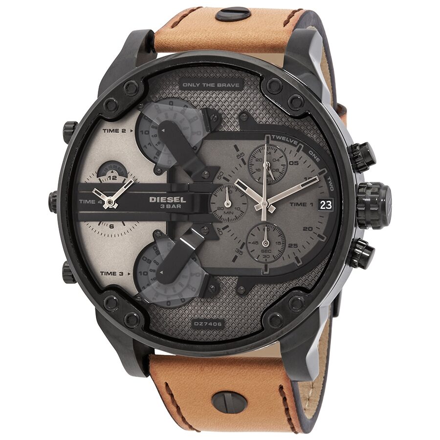 Diesel Mr. Daddy 2.0 chronograph watch with grey dial, dual time zone display, black case, and tan leather strap