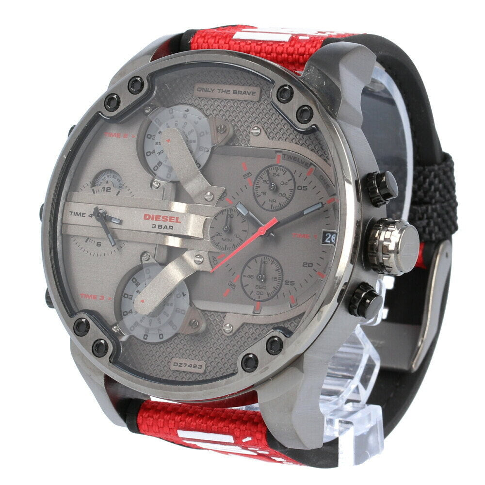 Side angle view of Diesel Mr. Daddy 2.0 watch showing red nylon strap and gray chronograph dial