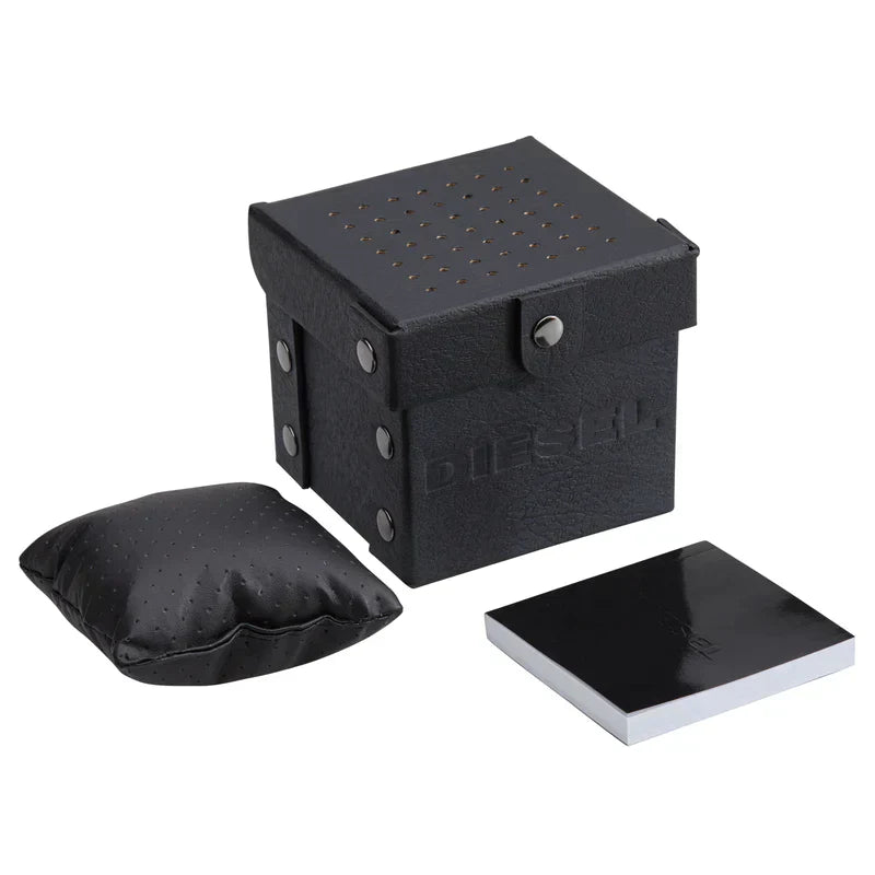 Diesel black watch box with included black pillow and documentation