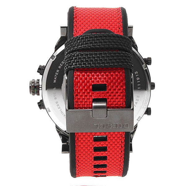 Diesel Mr. Daddy 2.0 watch with red nylon strap, black nylon accent, and metal clasp