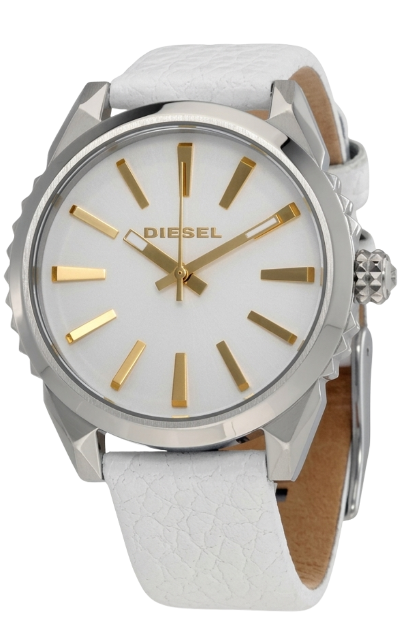 Diesel Nuki DZ5501 women's watch with white dial, silver case, gold markers, and white leather strap
