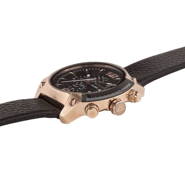 Diesel Overflow watch side view displaying case depth and leather strap