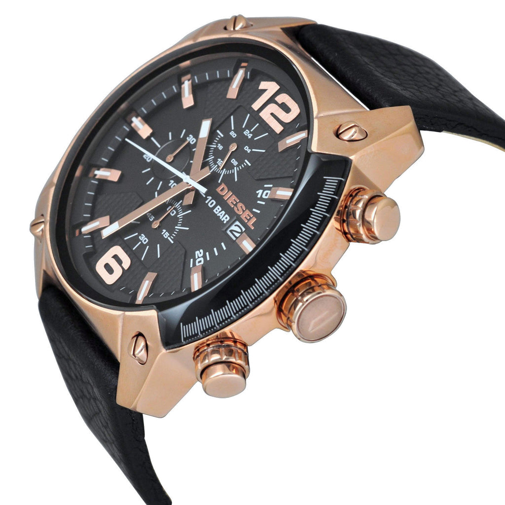 Diesel Overflow watch side angle showing rose gold case and chronograph pushers