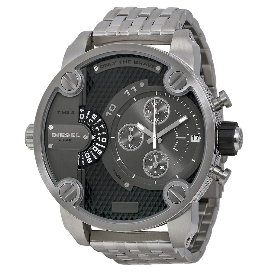 Diesel SBA DZ7259 grey dial chronograph watch with dual time display and steel bracelet