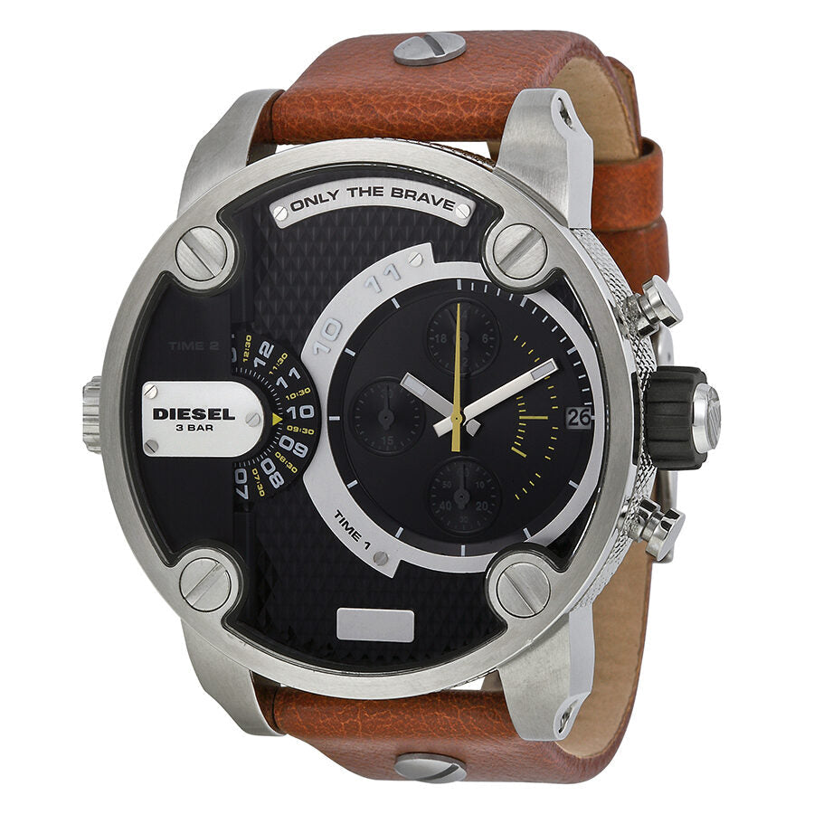 Diesel SBA chronograph watch with stainless steel case, dual time display, black dial, and brown leather strap