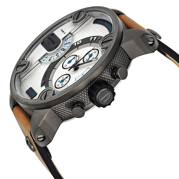 Diesel SBA watch angled view showing gunmetal case, brown leather strap, and dual time dial