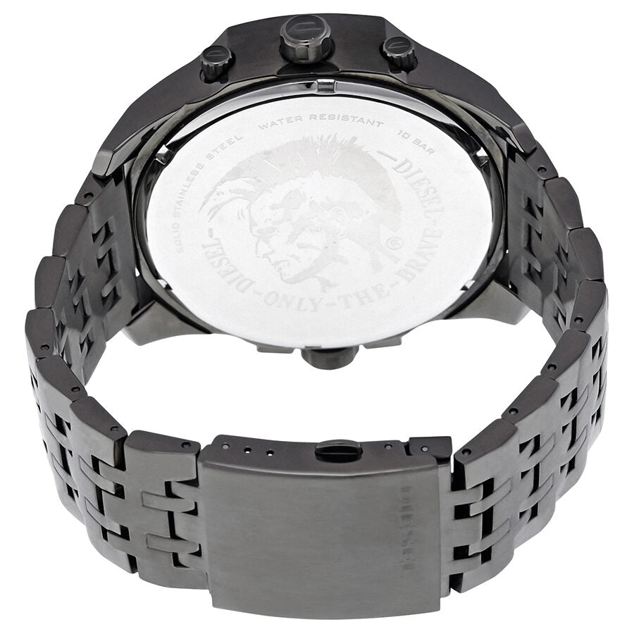 Diesel Uber Chief caseback showing engraved detail and gunmetal stainless steel bracelet strap