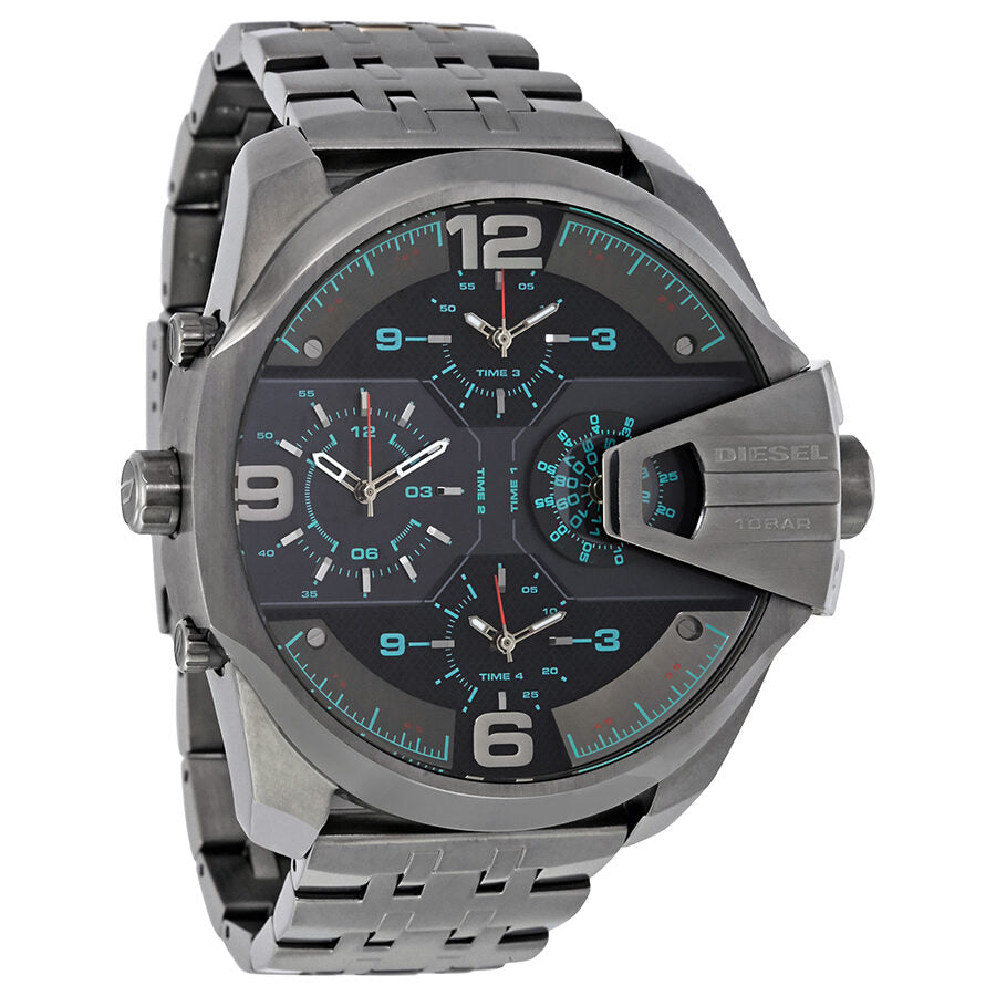 Diesel Uber Chief black dial men's dual time watch with tonneau case and oversized numeral markers