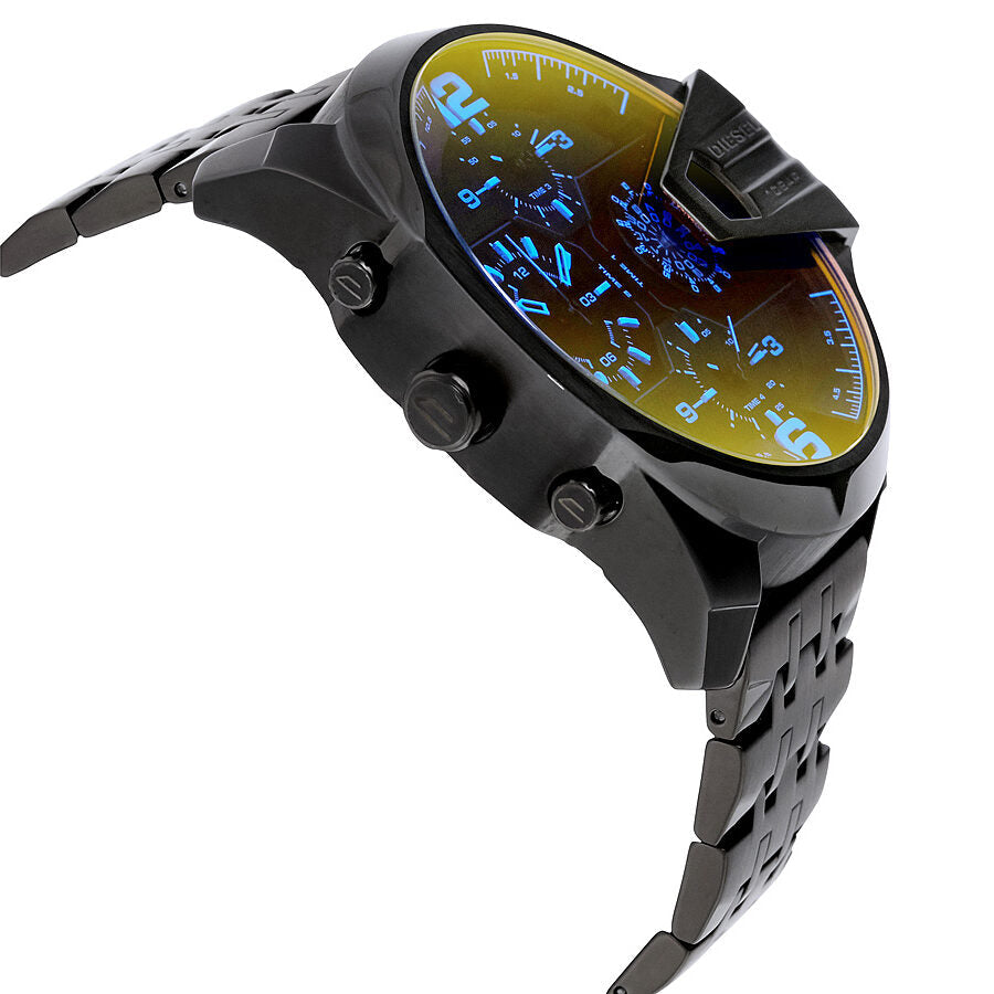 Diesel Uber Chief watch showing angled side view with gold secondary dial and chronograph pushers