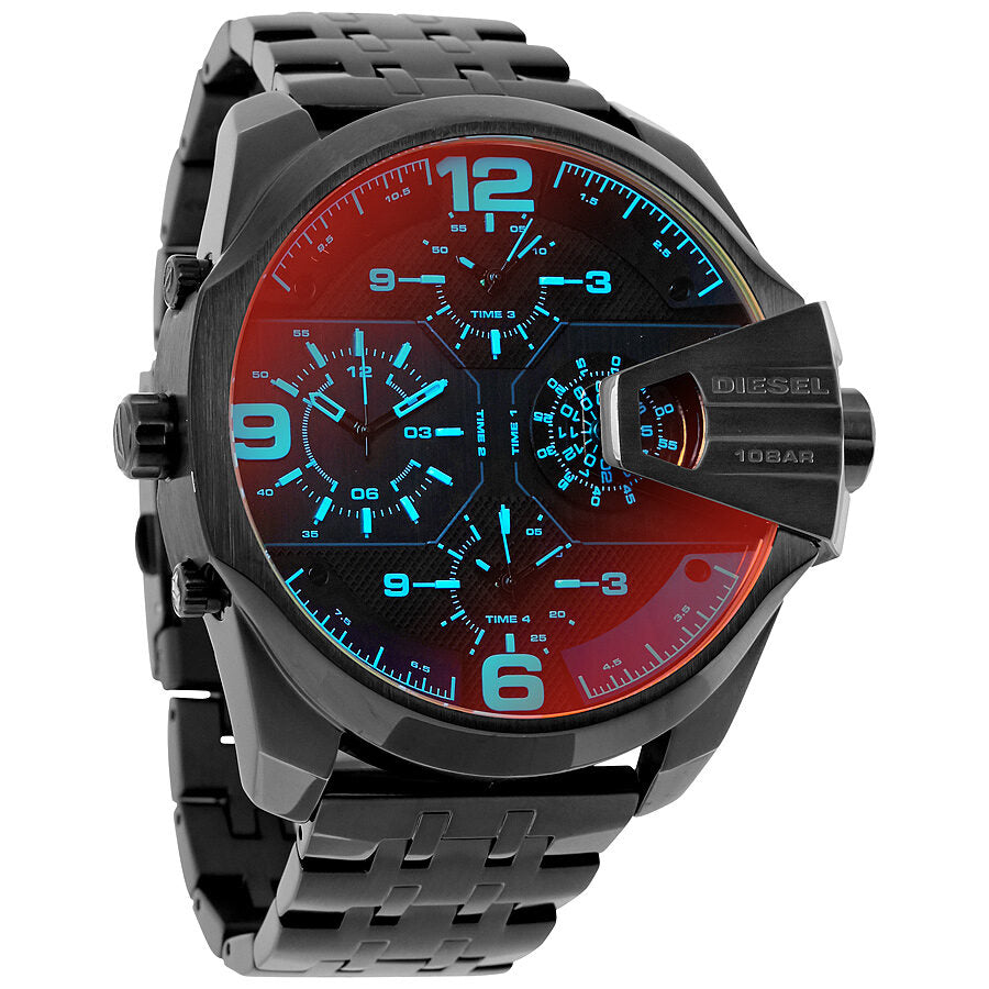 Diesel Uber Chief black dial men's dual time watch with cyan accents and steel bracelet