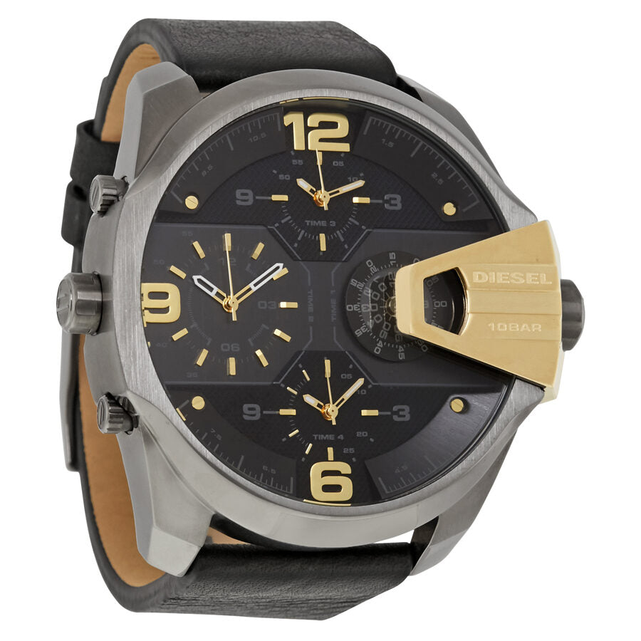Diesel Uber Chief black dial chronograph with gold accents and black leather strap